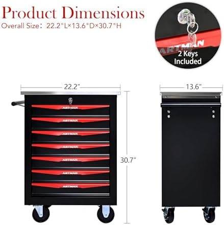 7-Drawer Heavy-Duty Rolling Steel Tool Cart with Handle&Wheels, Metal Storage Organizer Cabinet, Tool Chest for Efficient Tool Storage in Garage, Warehouse, Workshop, Repair Shop, Black&RED - Image 3
