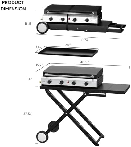 Bonnlo Foldable Flat Top Grill with 4 Burner & Lid, Powerful 40,000 BTU Propane Gas Grills with Ignition, Enamel Griddle, Side Shelf & Portable Cart with Wheels for Outdoor Camping Hibachi Grill Use - Image 6