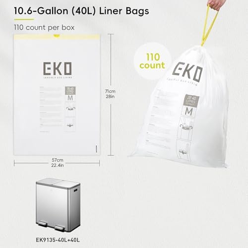 EKO 10.6 Gallon / 35–40 Liter Drawstring Trash Bags, 110 Count Heavy-Duty Tall Kitchen Garbage Can Liners, Extra-Strong Leak-Resistant, Unscented, White, Code M - Image 7