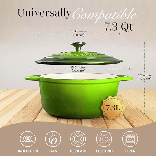 Cast Iron Dutch Oven with Lid-Non-Stick Ovenproof Enamelled Casserole Pot - Sturdy Dutch Oven Cookware - Green, 7.3- Quart, 30cm- by Nuovva - Image 2