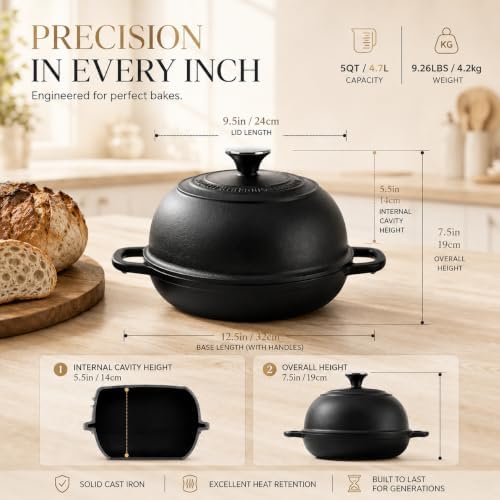 5QT Matte Black Enameled Cast Iron Dutch Oven for Bread Baking - Image 2