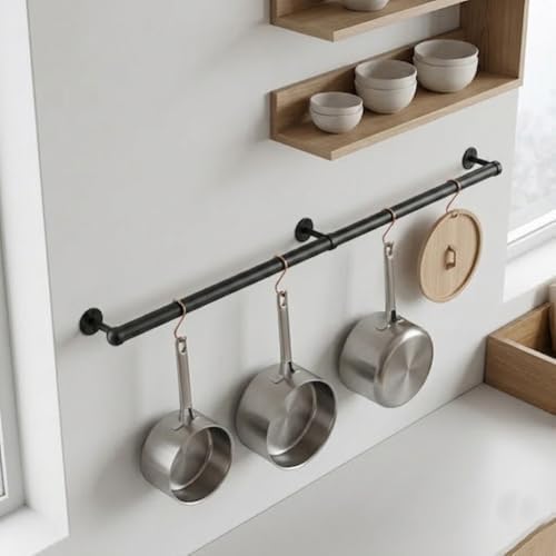 Wooden Pot Rack Wall Mounted - Pans Hanging Rack and Detachable Kitchen Lids Utensils Hanger (Black, 33.9inch/2 Pack) - Image 3