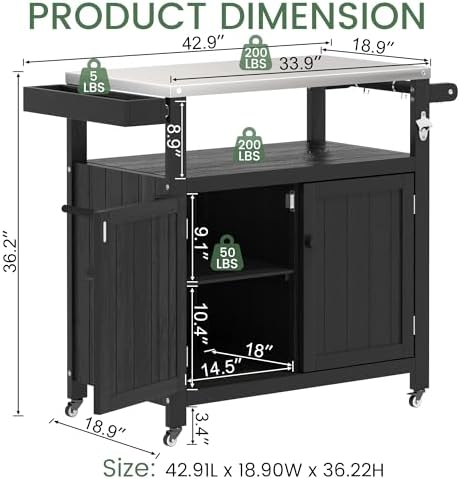 Weatherproof HIPS Outdoor Kitchen Island with Stainless Steel Top & Storage Cabinet, Movable Prep Table with Wheels for BBQ Food Prep, Outdoor Grill Cart for Parties, Black - Image 6