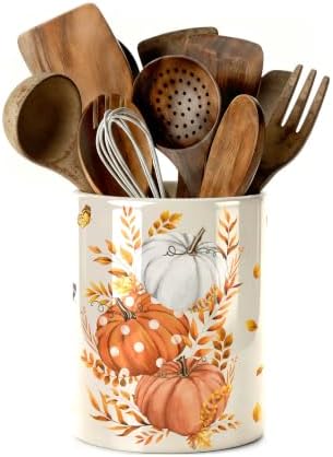 Fall Pumpkin Utensil Holder, Orange Autumn Decor Large Ceramic Utensil Holder For Kitchen Organizer, Farm 6.3'' Cooking Utensil Crocks Rustic Decor Utensil Storage Cup for Countertop by Unknown