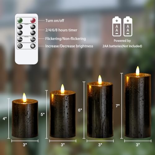 Yeelida Outdoor Halloween 4pcs Flameless Waterproof Candles with Handy Remote Control, Cycle Timer Battery Operated Candle Grease LED Flickering Pillar Plastic Long Lasting (Black, 3" x4" 5" 6" 7") - Image 3
