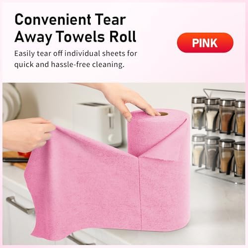 Microfiber Cleaning Cloth, 150 Sheets Tear Away Shop Towels, Reusable Washable Microfiber Towels for Cars, Lint Free Cleaning Rags for Home, Automotive, Workshop & Garage 11.5"x11.5" Pink - Image 2