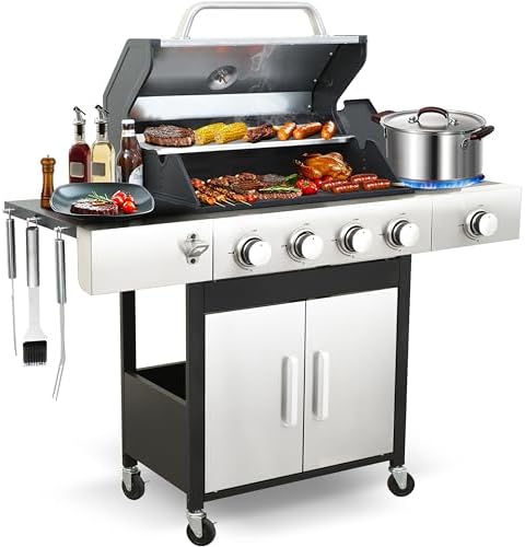 49000 BTU Propane Gas Grill, 4 Burner + Side Burner, Cast Iron Grids by COOKIT