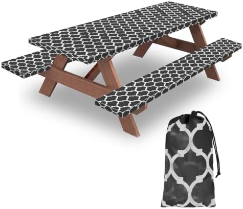 7ft 84in Picnic Table and Bench Cover, 3 Pack, Black-White Moroccan by KENOBEE
