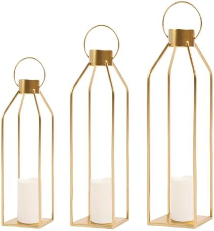HPC DECOR Modern Farmhouse Lantern Decor- 22''19''16''Tall Large Gold Metal Candle Lanterns for Home Decor-Lanterns Decorative w/Timer Flickering Candles for Living Room,Outdoor,Fireplace Mantle Decor by HPCDECOR
