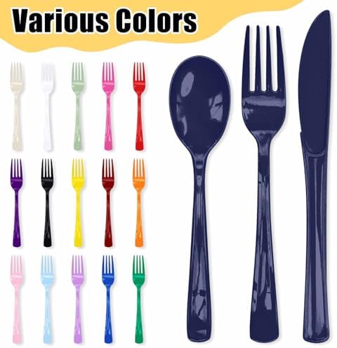 HEIPINIUYE 75 Pack Navy Blue Plastic Cutlery Heavy Duty Blue Plastic Knives Forks and Spoons Disposable Silverware Set for 25 Guest Camping Birthday Baby Shower Party Cutlery Set - Image 5