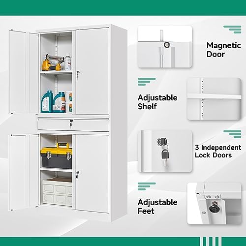 Letaya Metal Garage Storage Cabinet with Drawer,4 Door Tool Cabinet with Lock-2 Adjustable Shelves for Garage Home Office Utility Room (White) - Image 5