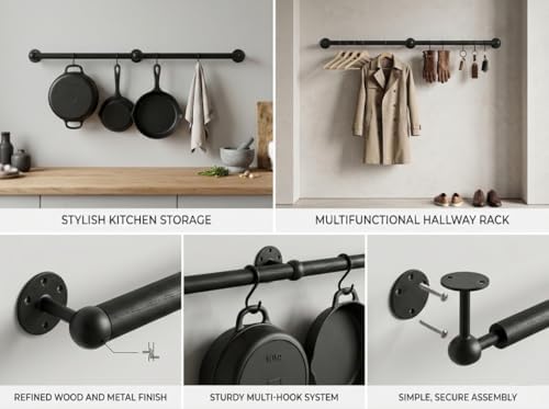 Wooden Pot Rack Wall Mounted - Pans Hanging Rack and Detachable Kitchen Lids Utensils Hanger (Black, 33.9inch/2 Pack) - Image 7