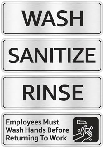 Faittoo Wash Rinse Sanitize Sink Labels Signs with Employees Must Wash Hands Sign, (4 Pack) 9" x 3" Rust Free Brushed Aluminum Sign, Self-adhesive, for Restaurant, Hotel, Rest Stops, Company by Faittoo
