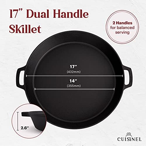 Cuisinel Cast Iron Skillet + Chainmail Scrubber Cleaner - 17"-Inch Dual Handle Braiser Frying Pan + Silicone Handle Covers - Pre-Seasoned Oven, Grill, BBQ, Stovetop, Fire Cookware - Indoor/Outdoor Use - Image 5