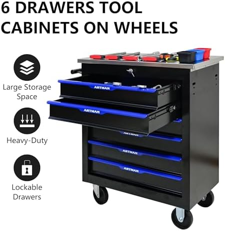 6-Drawer Heavy-Duty Rolling Steel Tool Cart with Handle&Wheels, Metal Storage Organizer Cabinet, Tool Chest for Efficient Tool Storage in Garage, Warehouse, Workshop, Repair Shop, Blue - Image 6