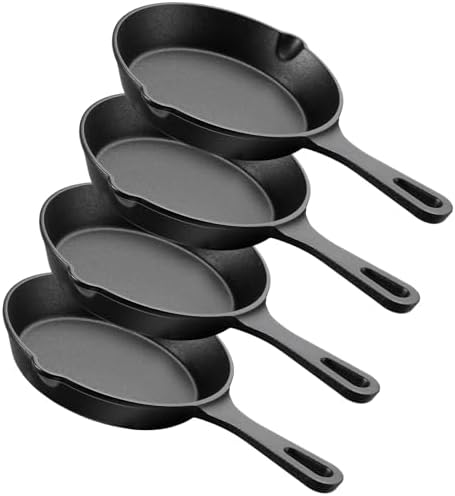 Vesici 4 Pcs Cast Iron Skillet Frying Pans with Drip-spouts Circle Non-stick Frying Skillet Omelette Pan Safe Healthy Cookware for Home Barbecue Kitchen Party Restaurant Catering Service (6.3 Inch) by Vesici