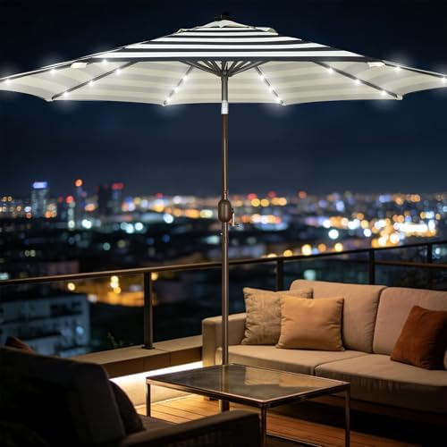 Blissun 9 ft Solar Umbrella, Patio Umbrella with 32 LED Lights, Table Market Umbrella, Outdoor Umbrella for Garden, Deck, Backyard, Black & Beige - Image 7