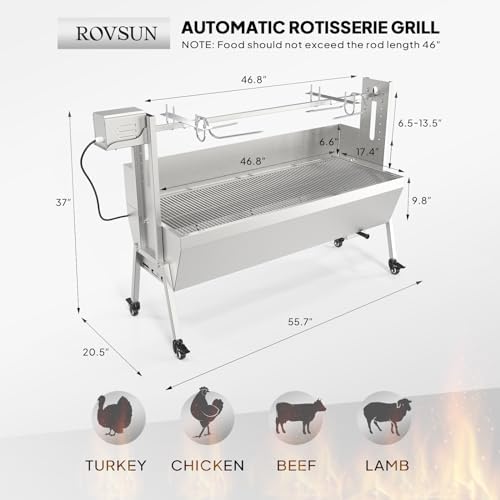 ROVSUN Rotisserie Grill with Windscreen, 46 Inch 176 Lbs Capacity, BBQ Outdoor Pig Lamb Goat Charcoal Spit Roaster, Stainless Steel Rotisserie Grill for Camping Barbecue Party - Image 6