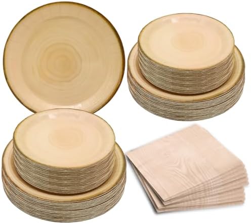 75Pcs Wood Grain Party Supplies Rustic Wood Slice Part y Set 9"& 7" Wood Grain Plates and Napkins for Camp Fire Camping Woodland Animal Lumberjack Wood Birthday Party Decor Serve25 by HSPAIDYP