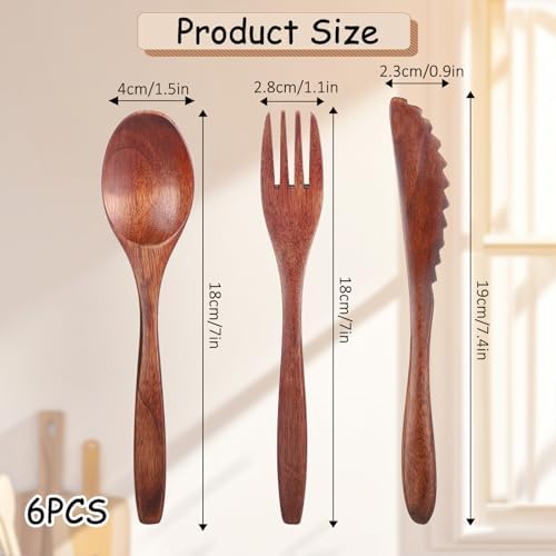 6 Pcs Wooden Utensils for Eating, Wooden Spoon Fork Cutlery Set - Image 2