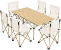 Camping Table with 6 Chairs, Portable Folding Picnic Table Set-Beige by FXKS