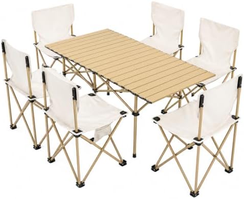 Camping Table with 6 Chairs, Portable Folding Picnic Table Set-Beige by FXKS