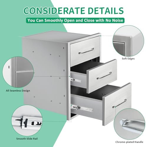 Outdoor Kitchen Drawers 15.7" W x 21.6" H x 17.7" D Stainless Steel Triple Drawers with Ergonomic Handle for BBQ Island, Patio Grill Station & Outdoor Kitchen Cabinets - Image 4
