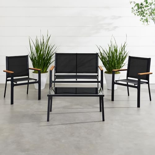 Best Choice Products 4-Piece Outdoor Textilene Patio Conversation Set, Backyard Furniture w/Loveseat, Coffee Table, Steel Frame - Black/Black - Image 2