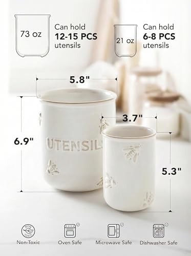 LE TAUCI Kitchen Utensil Holder Set of 2 - 6.9"+5.3" Large Ceramic Cooking Utensil Crock & Organizer for Spatula, Spoon, Whisk - Farmhouse Countertop Storage, Arctic White, Embossed, Bee - Image 5