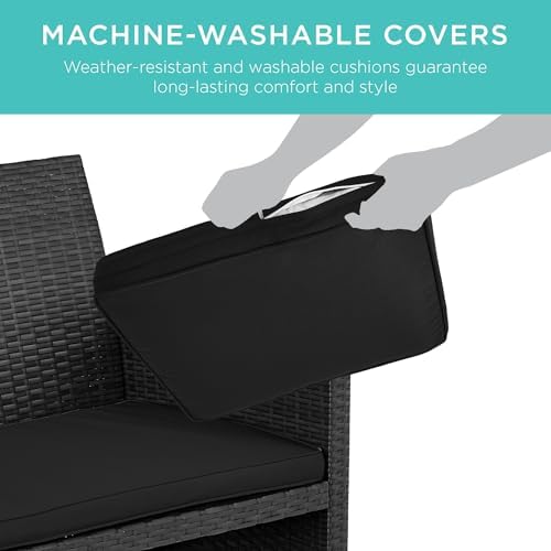 Best Choice Products 4-Piece Outdoor Wicker Patio Conversation Furniture Set for Backyard w/Coffee Table, Seat Cushions - Black/Black - Image 5