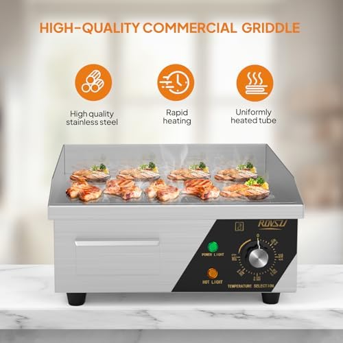 Bonnlo 14 Inch 1500W Commercial Griddle with Stainless Steel Countertop, Flat Griddle, 122-572℉ Adjustable Temp Control of Electric Flat Top Grill for Cheese 、Steak and Egg, Home & Restaurant Use - Image 2