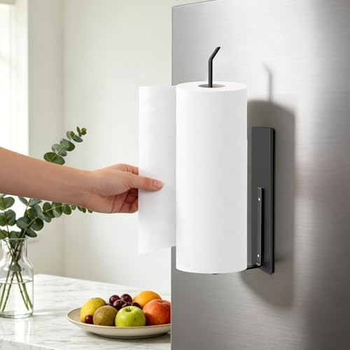 Paper Towel Holder Black, Toilet Paper Roll Holder Magnetic Towel Rack Wall Mount Fridge Organizer Shelf for Towels Rolls Bar Bathroom Toilet Pantry RV Essentials Kitchen Organizers and Storage 2 Pack - Image 3