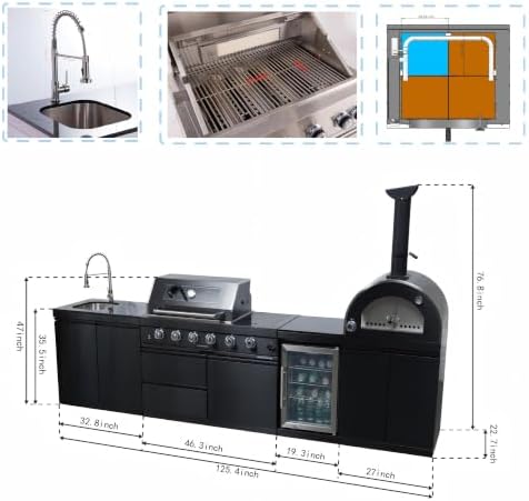 125'' LPG Outdoor Kitchen Island with Grill & Pizza Oven, 4 Burners, Black - Image 2
