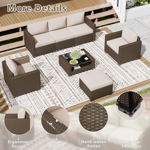 LOUVIXA 7 Piece Outdoor Patio Furniture Set, Rattan Chairs Glass Table Wicker Conversation Seating Sectional Sofa with Cushions (Brown-Beige, 7Pcs-2 Layer Coffee Table) - Image 6