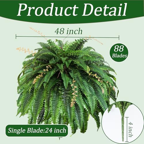 2pcs 48in 88 Blades Artificial Boston Ferns for Outdoors Large, UV Resistant Faux Outdoor Plants,Weatherproof Fake Ferns Plants Outdoor Indoor for Garden Porch Patio Home Decor - Image 2