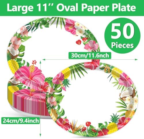 Qyeahkj 50PCS Hawaiian Luau Oval Paper Plates Large 11” Disposable Aloha Floral Party Decorations Summer Platters Tableware Supplies Favor for Tropical Dish Tray Beach Birthday Party Tableware Set - Image 2
