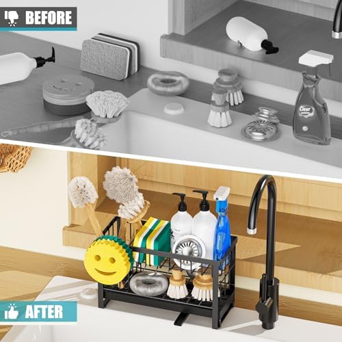Sponge Holder for Kitchen Sink with Flexible Smiley Face, 2 Tier Kitchen Sink Organizer, Countertop and Storage Essentials, Soap Dispenser Organizer, Home Decor Accessories - Black - Image 6