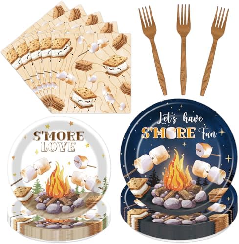 Smores Camping Birthday Party Decorations, 96PCS Camping Disposable Paper Plates and Napkin Tableware Decoration Let‘s Have S'more Fun Forks Decor Baby Shower Supplies, Serves 24 by Deorfuy