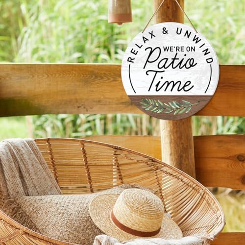 Muktoujaumai Patio Sign Decor, Patio Round Hanging Sign Decor Farmhouse Wall Decorations Outdoor Living Wood Sign for Porch, Deck, Backyard, Housewarming Gift for New House Home, We're Patio Time - Image 4