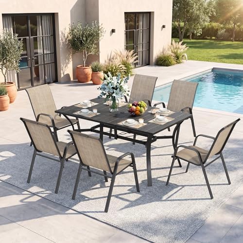 Outdoor Dining Set for 6, Metal Table and Stackable Chairs by CHINNLUU
