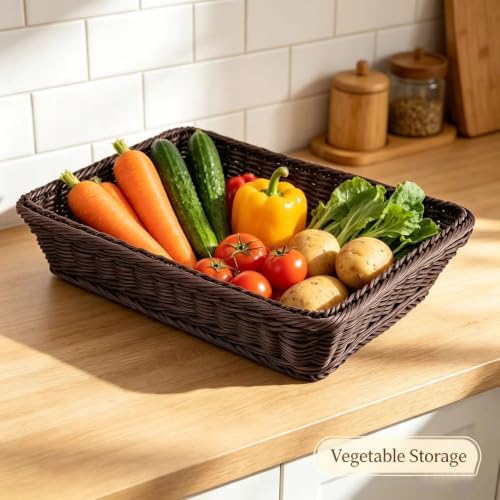 RT&BS 2pcs Large Wicker Bread Basket for Serving, Wicker Fruit Basket, Display Baskets for Vegetable Fruit, Reusable Handwoven Serving Baskets for Kitchen, Store, Restaurant, Outdoor (Coffee, L) - Image 5