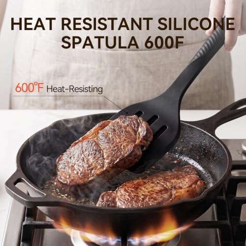 Silicone Cooking Utensils Set - 600°F Heat Resistant, Nonstick Kitchen Utensil Set with Spatulas, Spoons, Whisk, Tongs, BPA Free, Dishwasher Safe, Black - Image 6