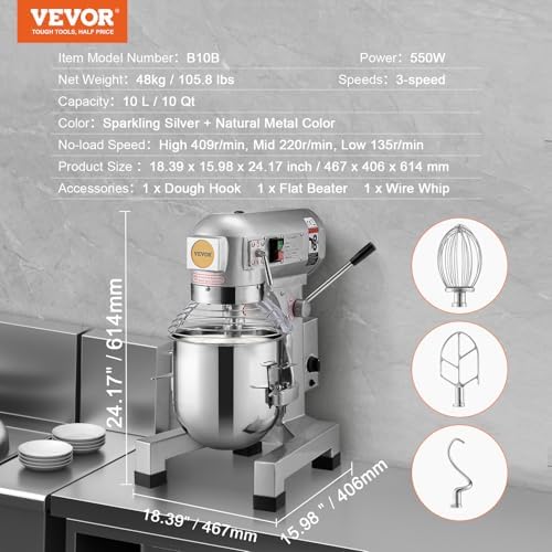 VEVOR Commercial Food Mixer 10Qt, Commercial Mixer with 3 Adjustable Speeds, 550W Dough Mixer,Commercial Stand Mixer with Stainless Steel Bowl - Image 7
