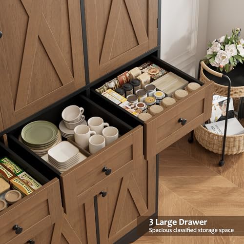 HOSTACK 67"H Farmhouse Kitchen Pantry Storage Cabinet with 3 Drawers, Brown - Image 5