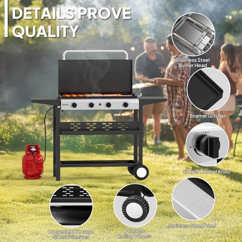 ROVSUN 4 Burner Portable Propane Griddle with Enameled Tray & Lid, 40000 BTU Rolling Flat Top Gas Grill with Electronic Ignition, Side Shelves & Regulator for Outdoor Cooking Camping BBQ Tailgating - Image 5