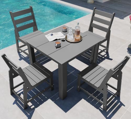 GREENVINES 5PCS Patio Dining Set, HDPE Square Table & 4 Side Chairs, Gray by GreenVines