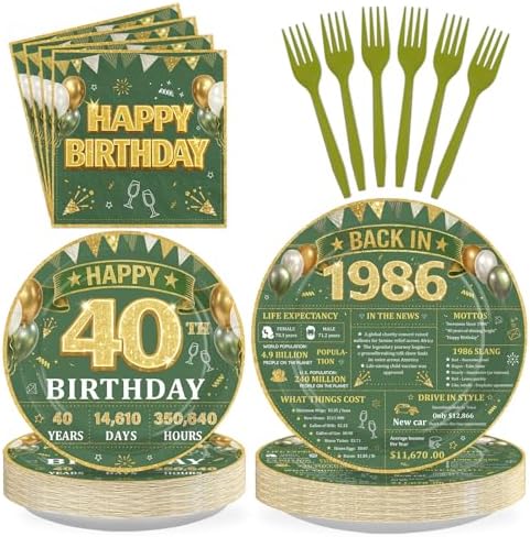 96Pcs Sage Green and Gold 40th Birthday Party Supplies Serves 24 by Greencian