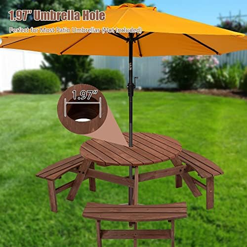 35.43'' Round Outdoor Dining Table Wooden Patio Dining Table & 3 Curved Built-in Bench for 6, 2" Umbrella Hole, Suitable for Backyard Garden Porch, Brown - Image 3