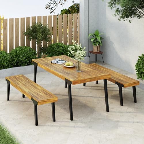 69'' Outdoor Patio Dining Table & 2 Bench for 4, Acacia Wood Farmhouse Dining Table Set Outdoor & Indoor Furniture for Patio Porch Garden, 3-Pcs, Light Teak by JJKFurniture-kevinplus