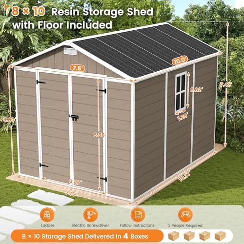 UDPATIO Outdoor Resin Storage Shed 8 x 10 FT, Plastic Storage Shed with Floor Large Outdoors Garden Tool Storage Shed Outside Clearance Shed with Lockable Door for Bike, Backyard, Patio, Brown - Image 2